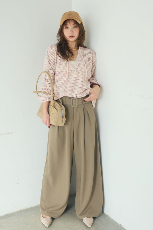 【着回しセット】[SET]ミックスメッシュキーネックプルオーバー+モチーフ付きシアーブルゾン+ベルト付きツータックワイドパンツ(3set)