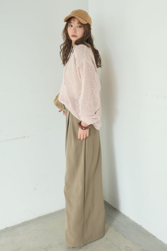 【着回しセット】[SET]ミックスメッシュキーネックプルオーバー+モチーフ付きシアーブルゾン+ベルト付きツータックワイドパンツ(3set)