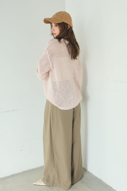 【着回しセット】[SET]ミックスメッシュキーネックプルオーバー+レースハーフジップアップフーディー +ベルト付きツータックワイドパンツ(3set)