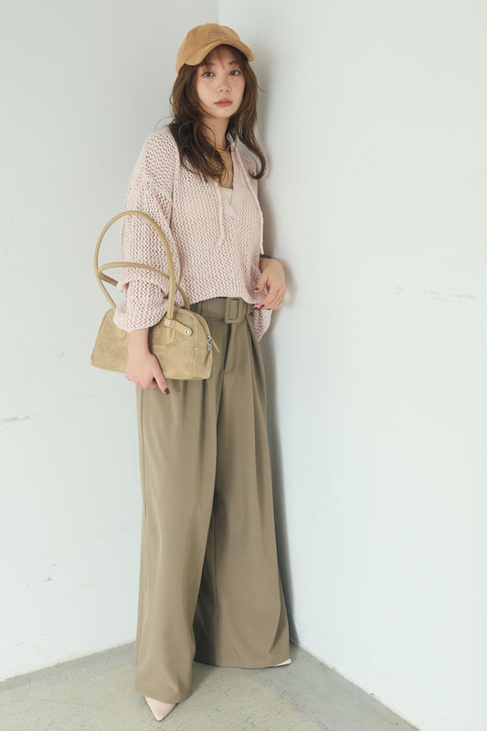 【着回しセット】[SET]ミックスメッシュキーネックプルオーバー+モチーフ付きシアーブルゾン+ベルト付きツータックワイドパンツ(3set)