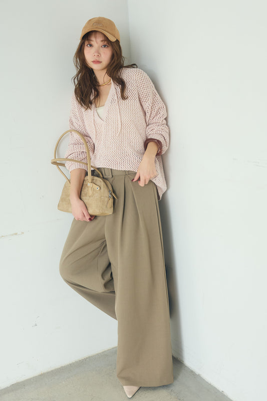 【着回しセット】[SET]ミックスメッシュキーネックプルオーバー+モチーフ付きシアーブルゾン+ベルト付きツータックワイドパンツ(3set)
