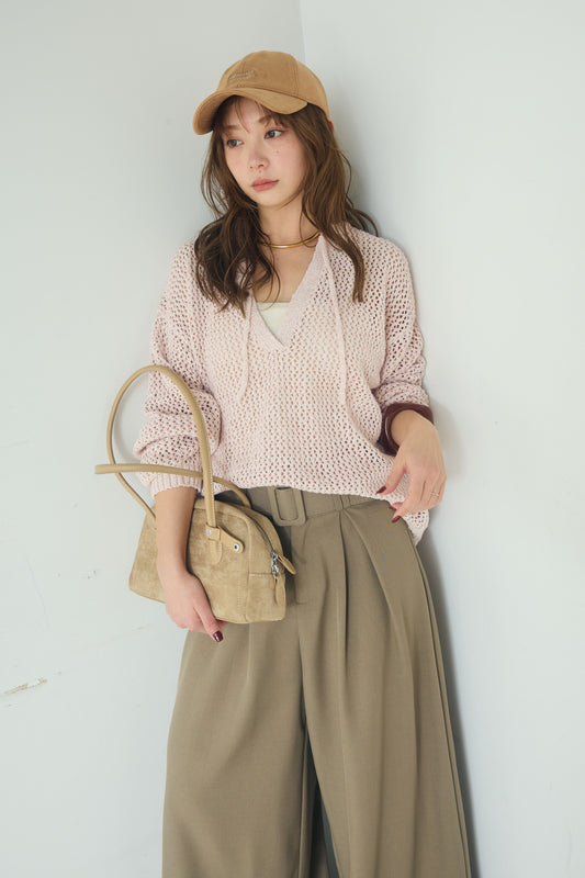 【着回しセット】[SET]ミックスメッシュキーネックプルオーバー+レースハーフジップアップフーディー +ベルト付きツータックワイドパンツ(3set)