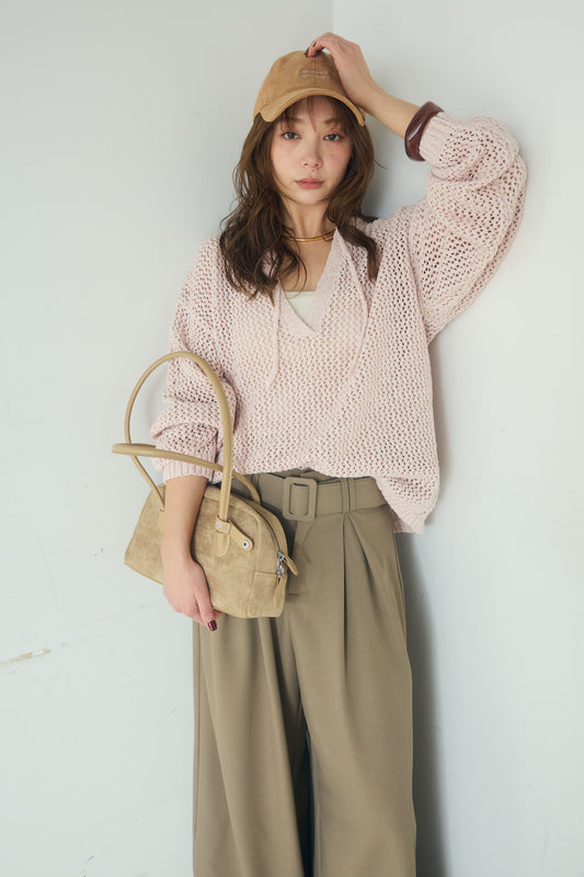 【着回しセット】[SET]ミックスメッシュキーネックプルオーバー+モチーフ付きシアーブルゾン+ベルト付きツータックワイドパンツ(3set)