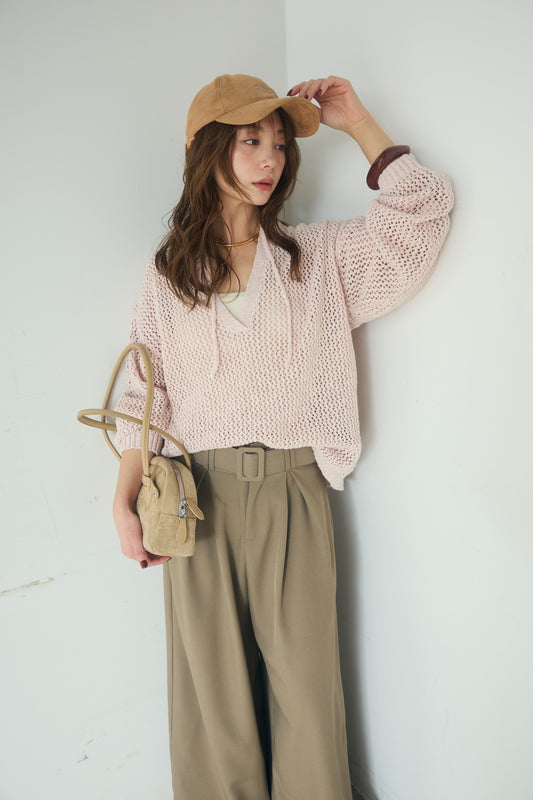 【着回しセット】[SET]ミックスメッシュキーネックプルオーバー+モチーフ付きシアーブルゾン+ベルト付きツータックワイドパンツ(3set)