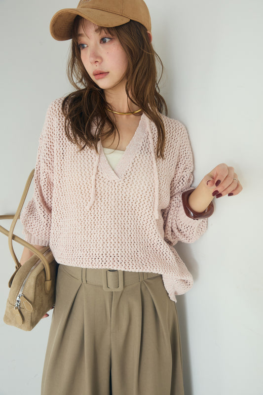 【着回しセット】[SET]ミックスメッシュキーネックプルオーバー+レースハーフジップアップフーディー +ベルト付きツータックワイドパンツ(3set)