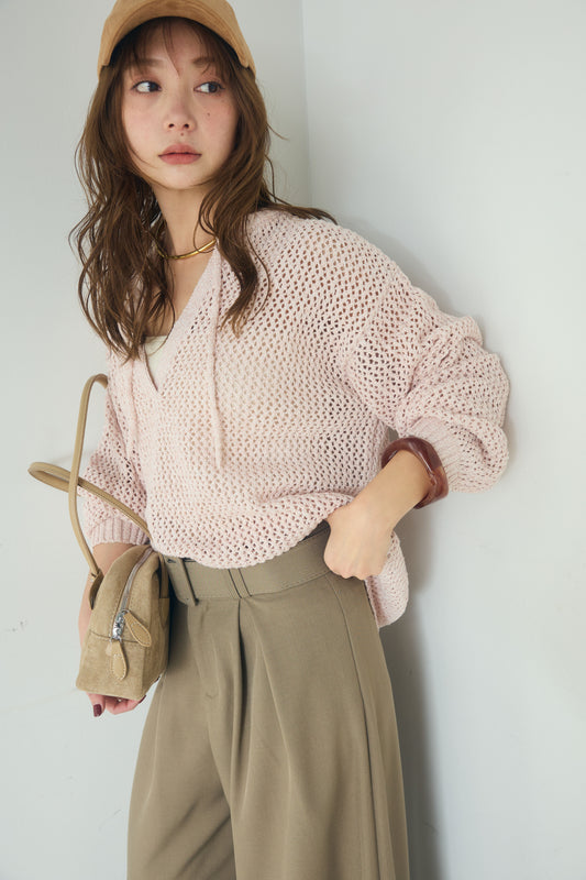 【着回しセット】[SET]ミックスメッシュキーネックプルオーバー+レースハーフジップアップフーディー +ベルト付きツータックワイドパンツ(3set)