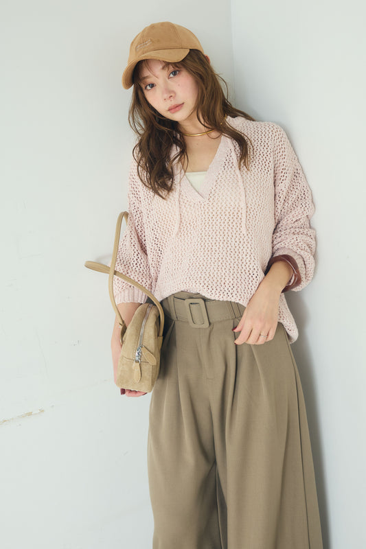 【着回しセット】[SET]ミックスメッシュキーネックプルオーバー+レースハーフジップアップフーディー +ベルト付きツータックワイドパンツ(3set)