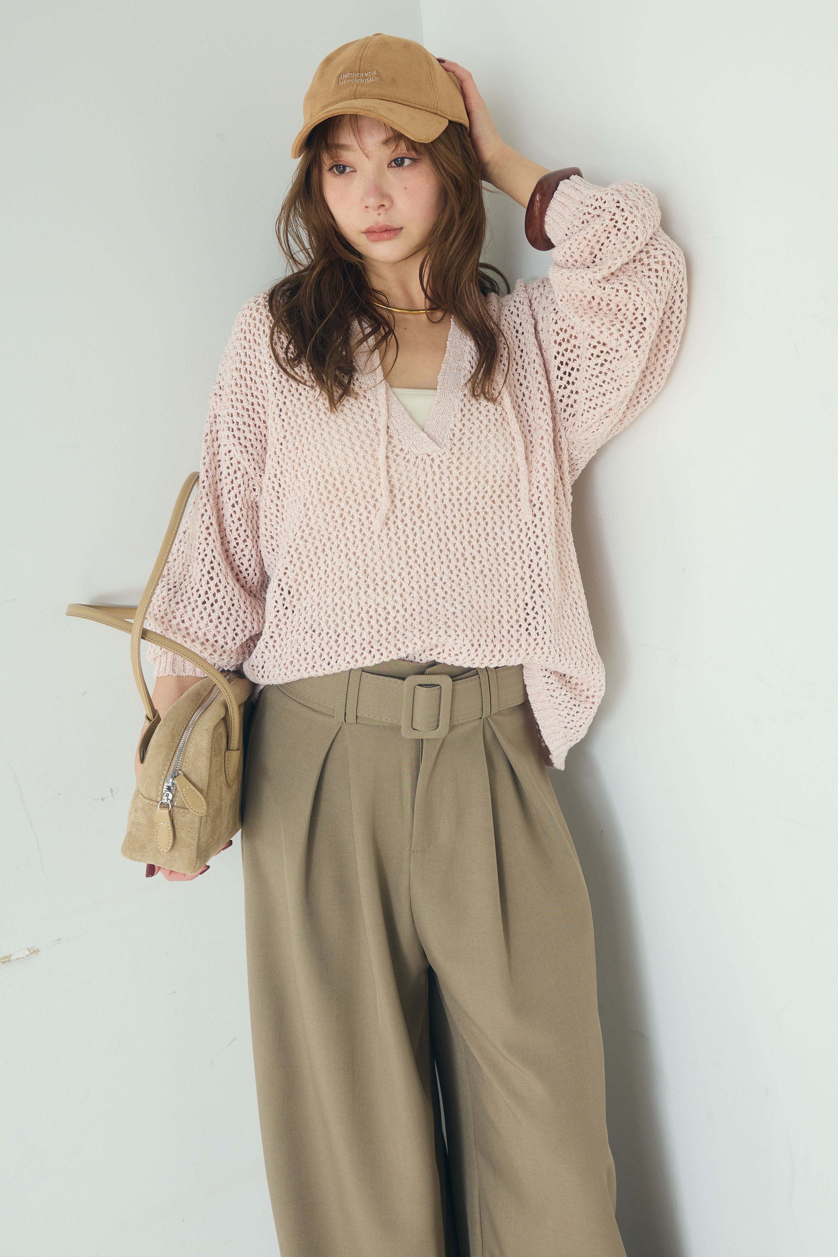 ESICA メッシュプルオーバー×ベルト付きツータックワイドパンツ 2点セット 即納】[SET]ミックスメッシュキーネックプルオーバー+ベルト付き