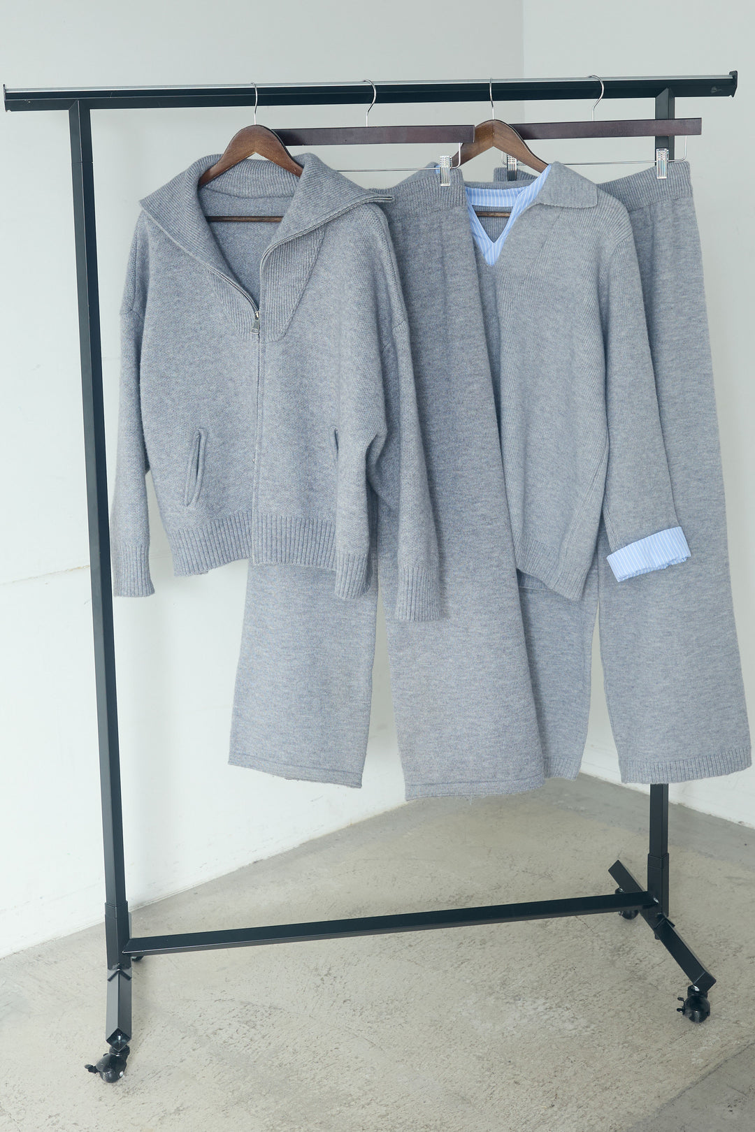 【着回しセット】[SET]ビッグカラーダブルジップニットSETUP+ストライプドッキングニットポロSETUP(2set)