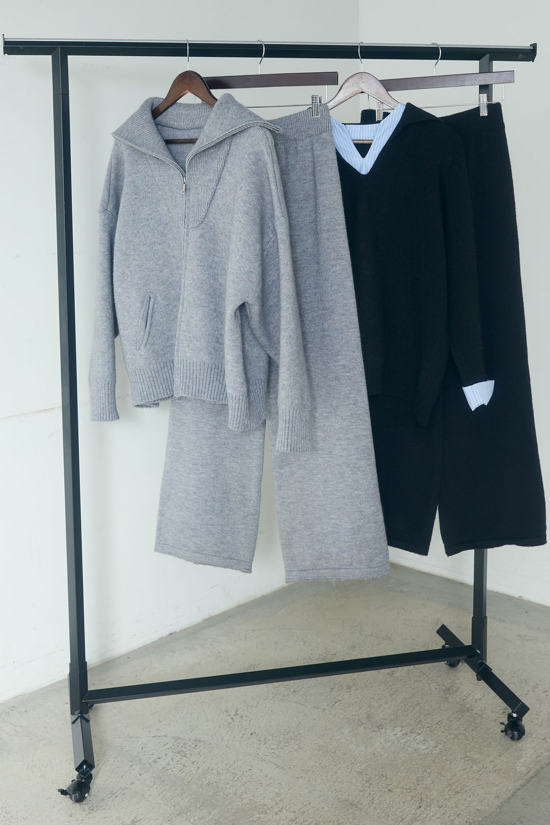 【着回しセット】[SET]ビッグカラーダブルジップニットSETUP+ストライプドッキングニットポロSETUP(2set)