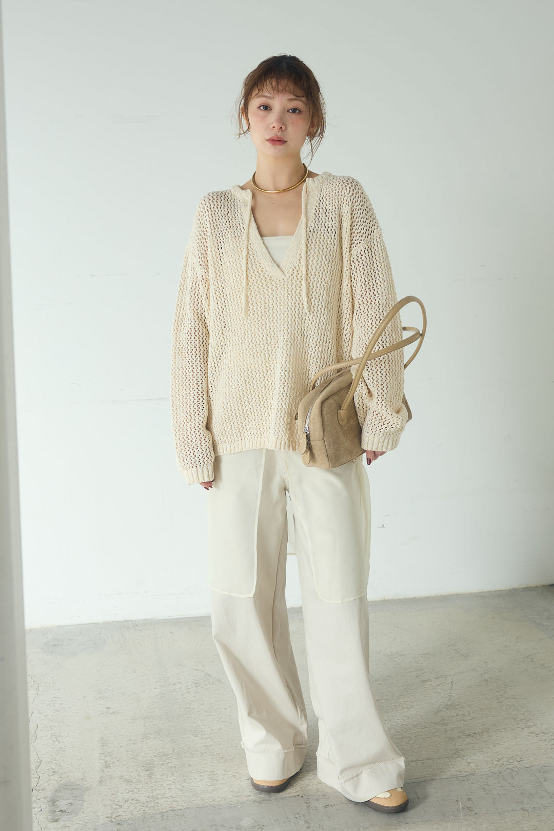 [SET]ミックスメッシュキーネックプルオーバー+シアーチュールレイヤードワイドパンツ(2set)