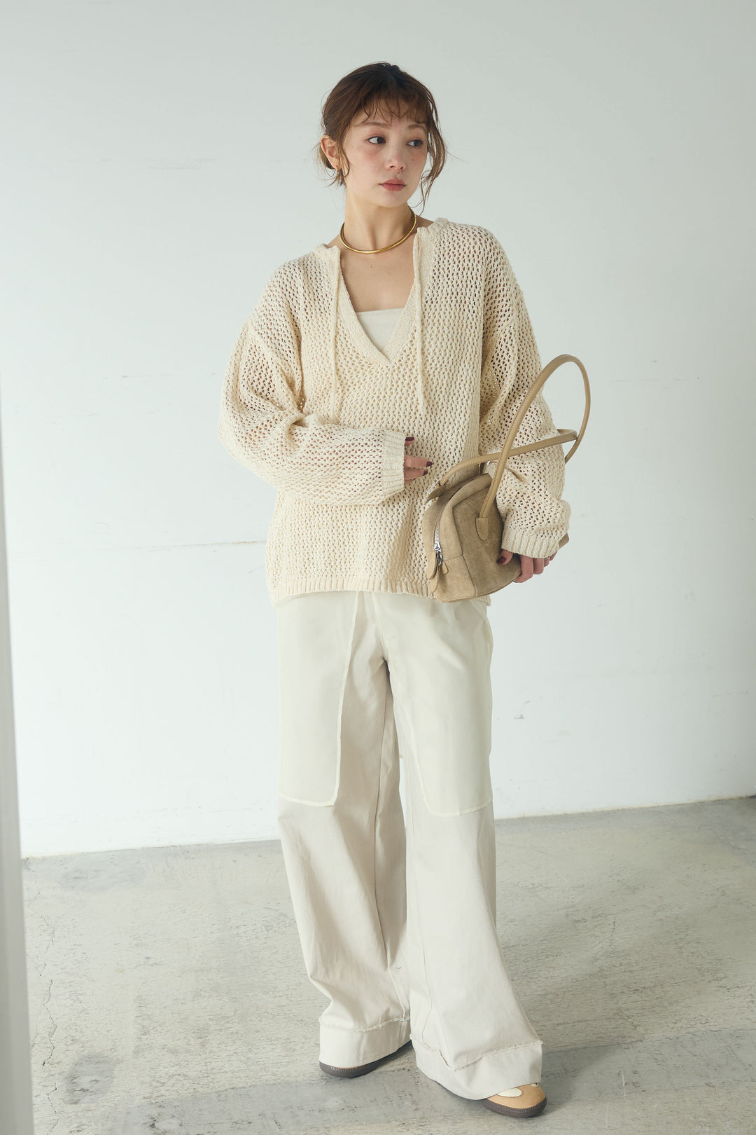 [SET]ミックスメッシュキーネックプルオーバー+シアーチュールレイヤードワイドパンツ(2set)