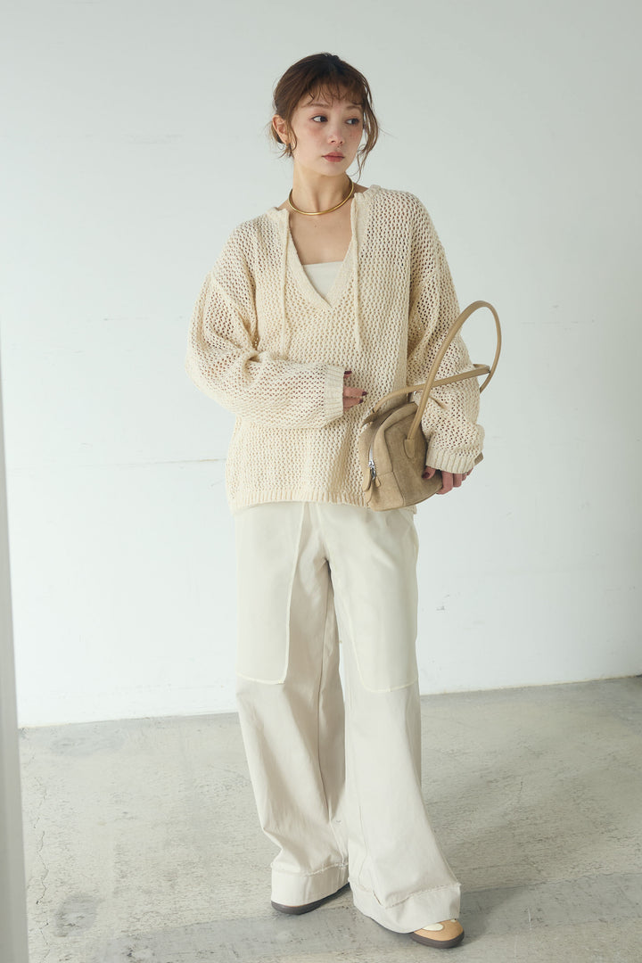 [SET]ミックスメッシュキーネックプルオーバー+シアーチュールレイヤードワイドパンツ(2set)