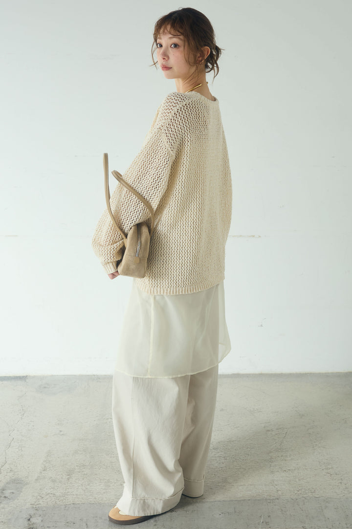 [SET]ミックスメッシュキーネックプルオーバー+シアーチュールレイヤードワイドパンツ(2set)