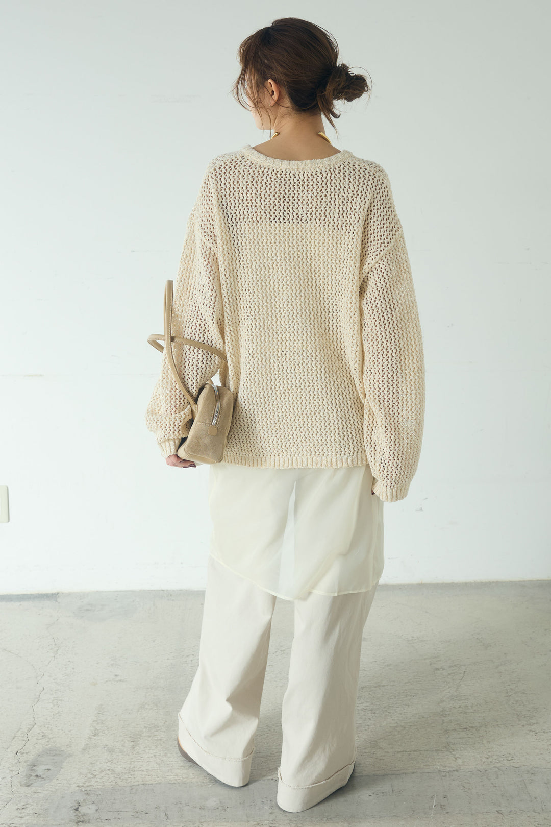 [SET]ミックスメッシュキーネックプルオーバー+シアーチュールレイヤードワイドパンツ(2set)