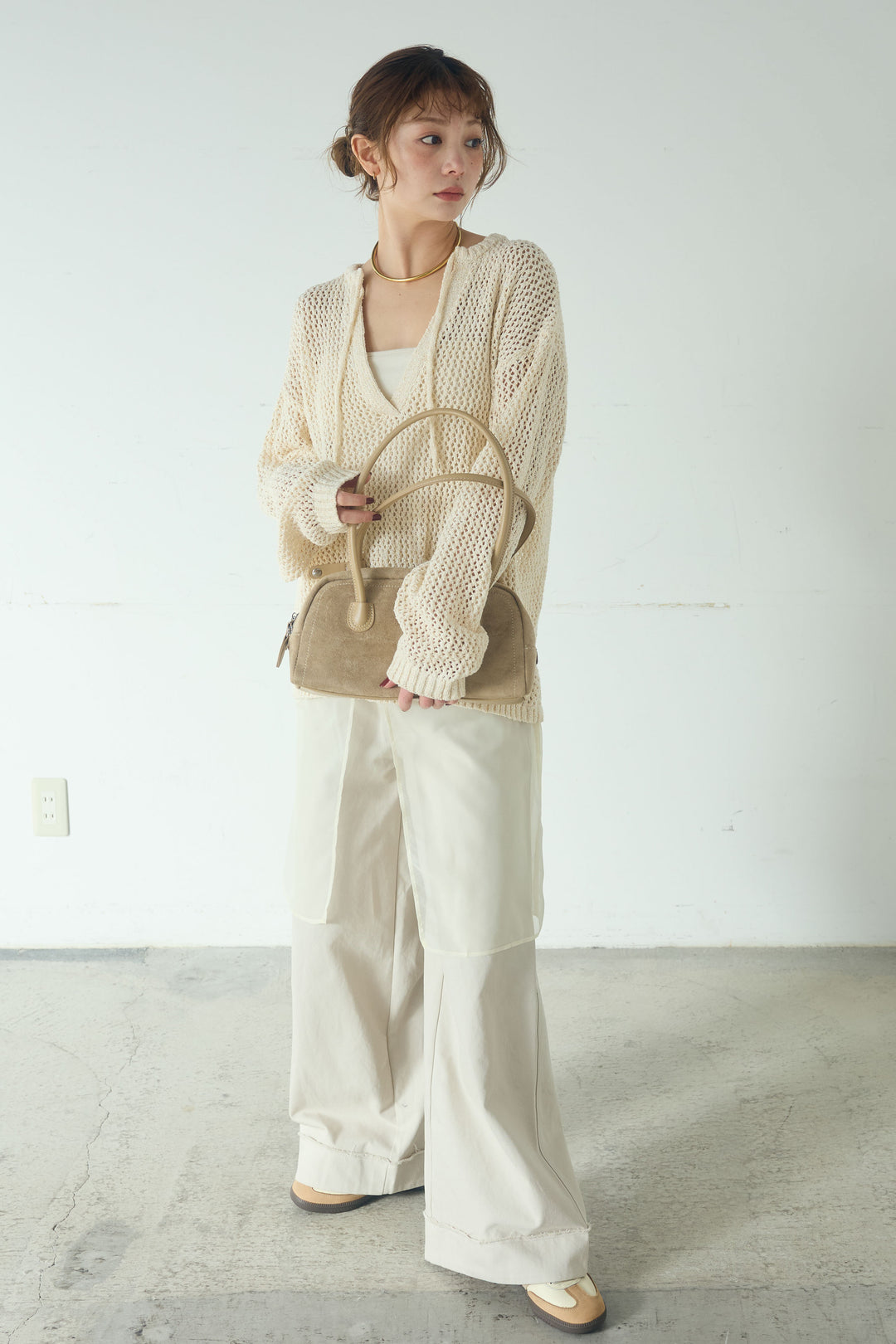[SET]ミックスメッシュキーネックプルオーバー+シアーチュールレイヤードワイドパンツ(2set)