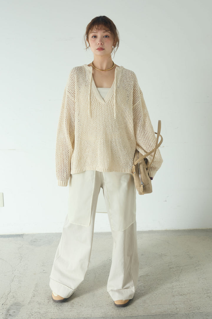 [SET]ミックスメッシュキーネックプルオーバー+シアーチュールレイヤードワイドパンツ(2set)