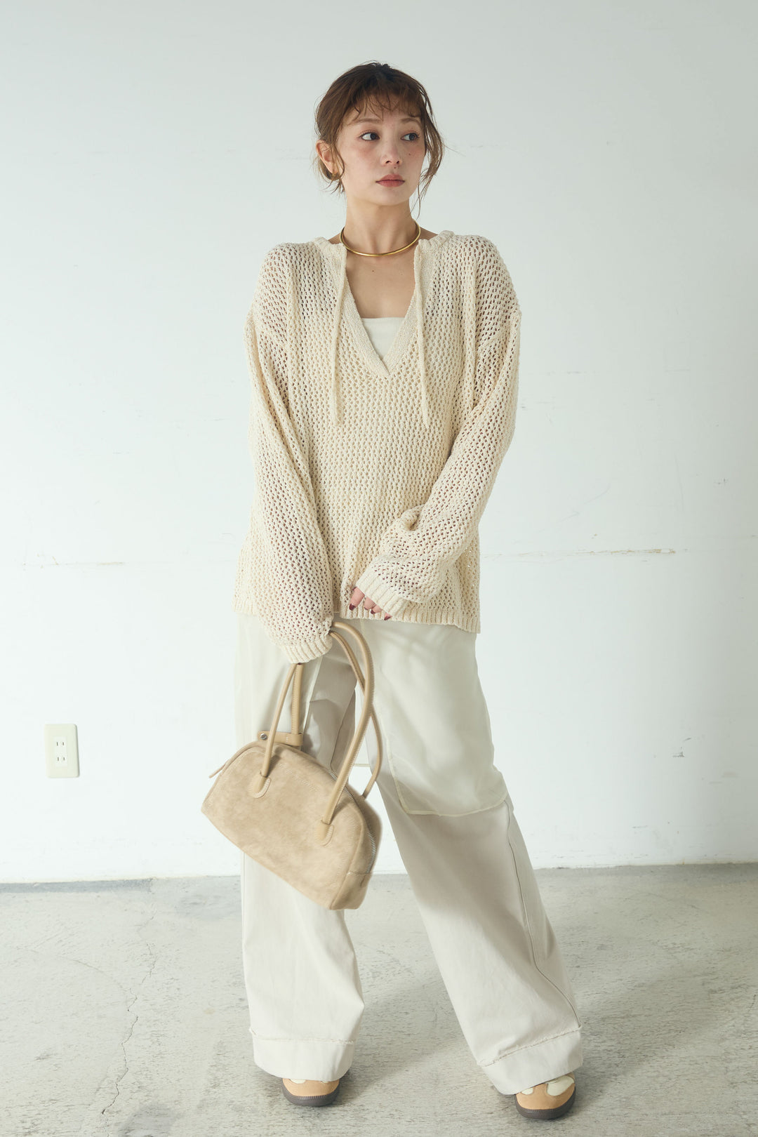 [SET]ミックスメッシュキーネックプルオーバー+シアーチュールレイヤードワイドパンツ(2set)