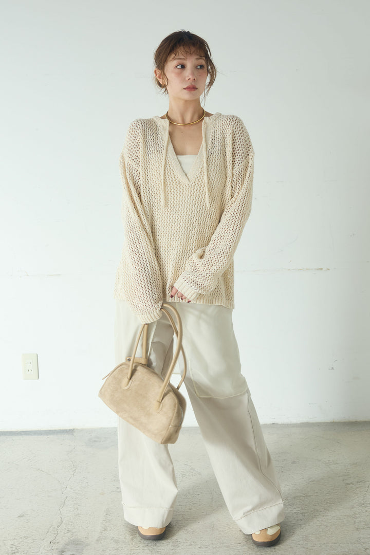 [SET]ミックスメッシュキーネックプルオーバー+シアーチュールレイヤードワイドパンツ(2set)