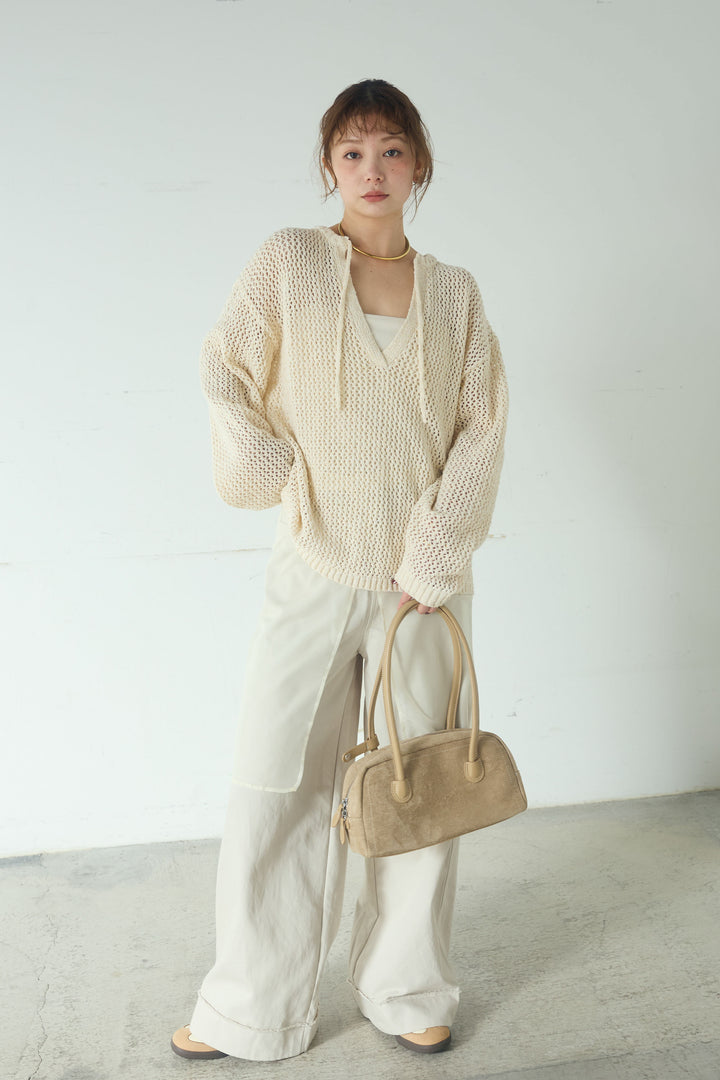 [SET]ミックスメッシュキーネックプルオーバー+シアーチュールレイヤードワイドパンツ(2set)