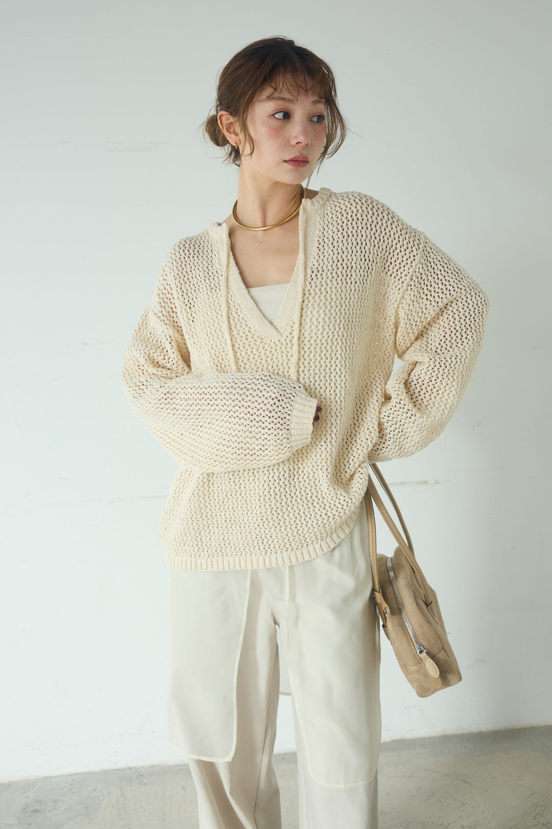 [SET]ミックスメッシュキーネックプルオーバー+シアーチュールレイヤードワイドパンツ(2set)