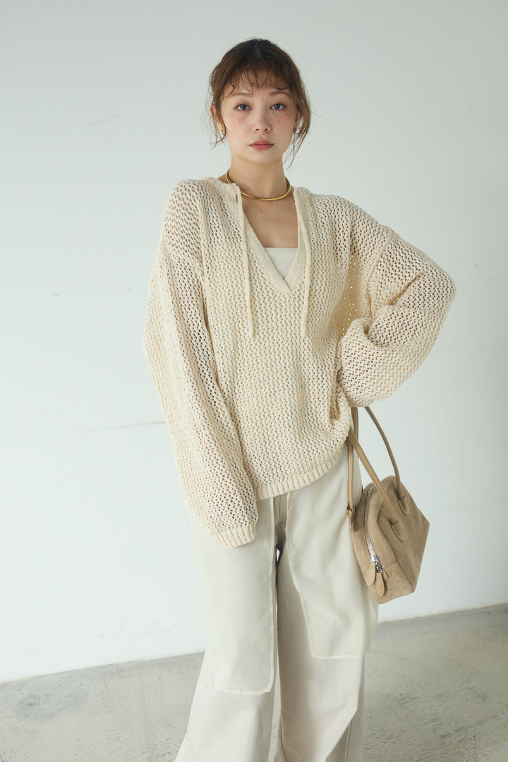 [SET]ミックスメッシュキーネックプルオーバー+シアーチュールレイヤードワイドパンツ(2set)