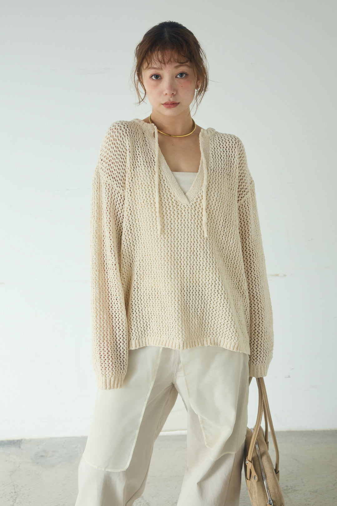 [SET]ミックスメッシュキーネックプルオーバー+シアーチュールレイヤードワイドパンツ(2set)