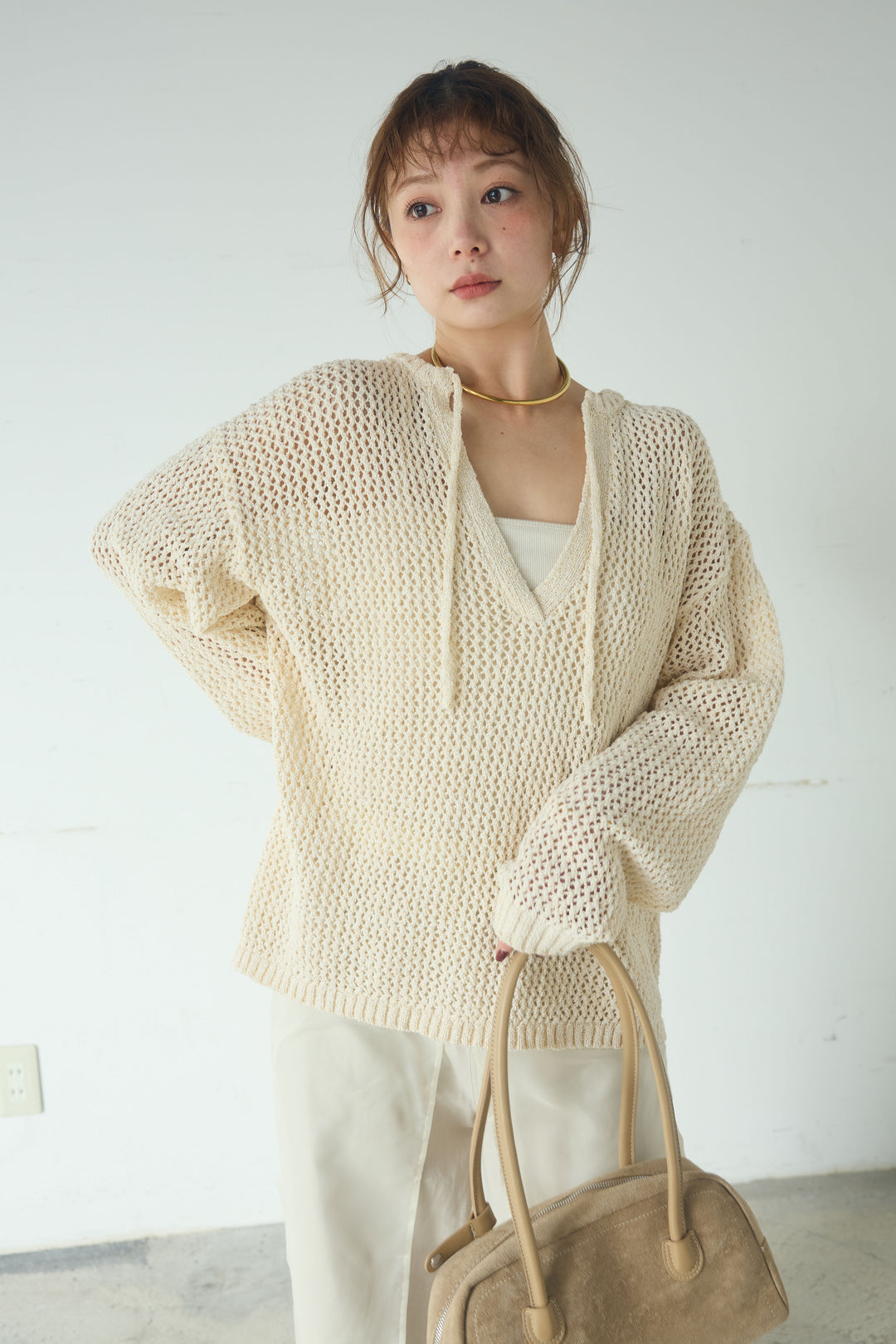 [SET]ミックスメッシュキーネックプルオーバー+シアーチュールレイヤードワイドパンツ(2set)