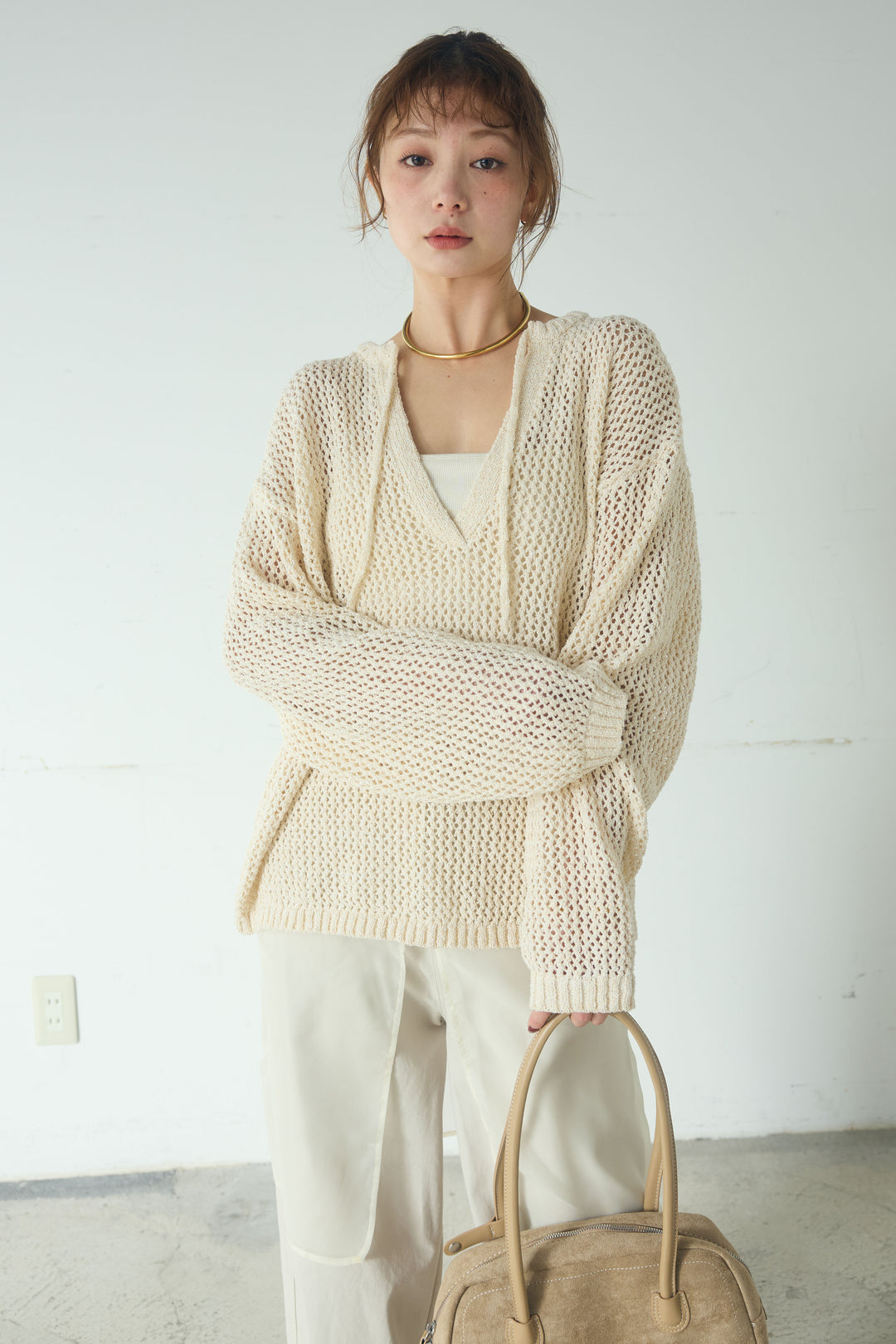 [SET]ミックスメッシュキーネックプルオーバー+シアーチュールレイヤードワイドパンツ(2set)