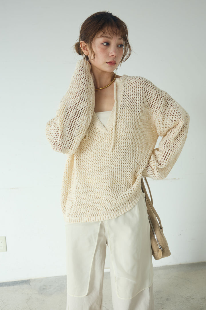 [SET]ミックスメッシュキーネックプルオーバー+シアーチュールレイヤードワイドパンツ(2set)