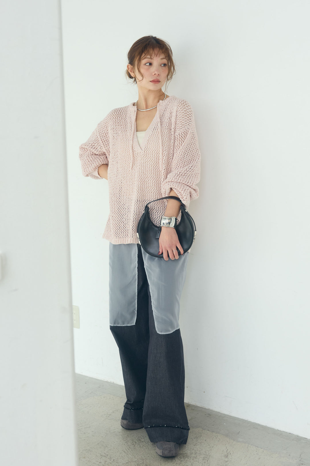 [SET]ミックスメッシュキーネックプルオーバー+シアーチュールレイヤードワイドパンツ(2set)