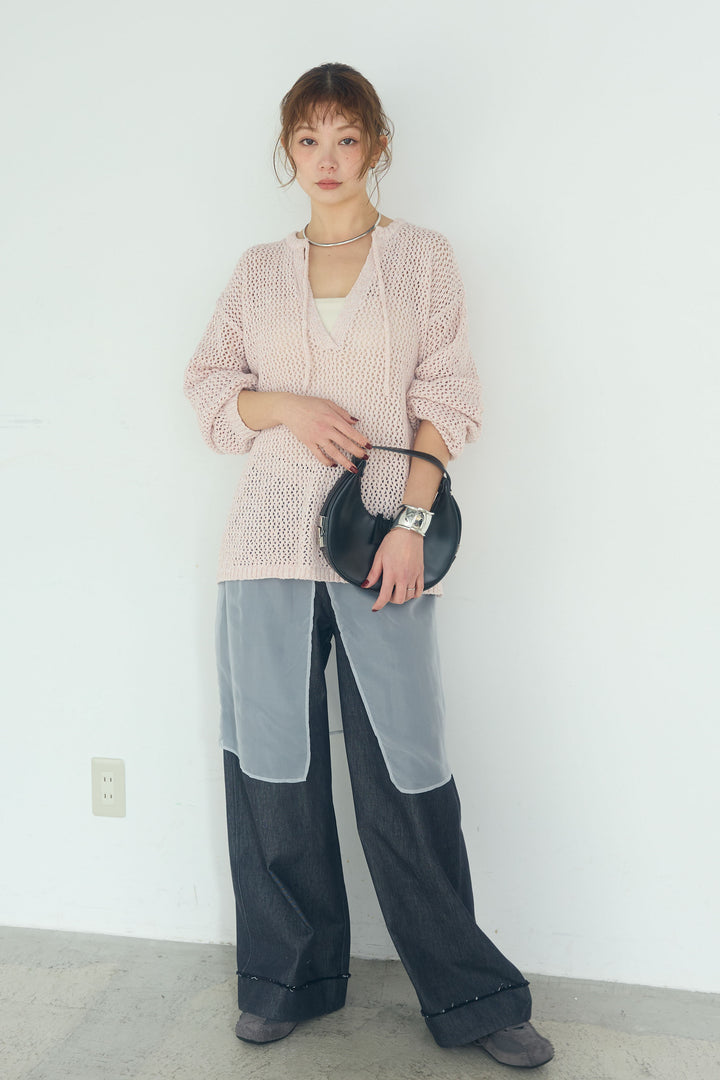 [SET]ミックスメッシュキーネックプルオーバー+シアーチュールレイヤードワイドパンツ(2set)