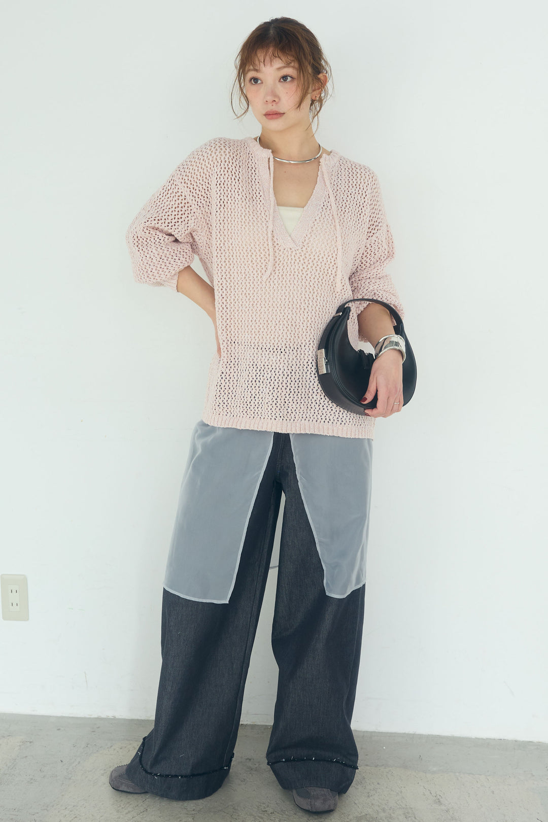 [SET]ミックスメッシュキーネックプルオーバー+シアーチュールレイヤードワイドパンツ(2set)