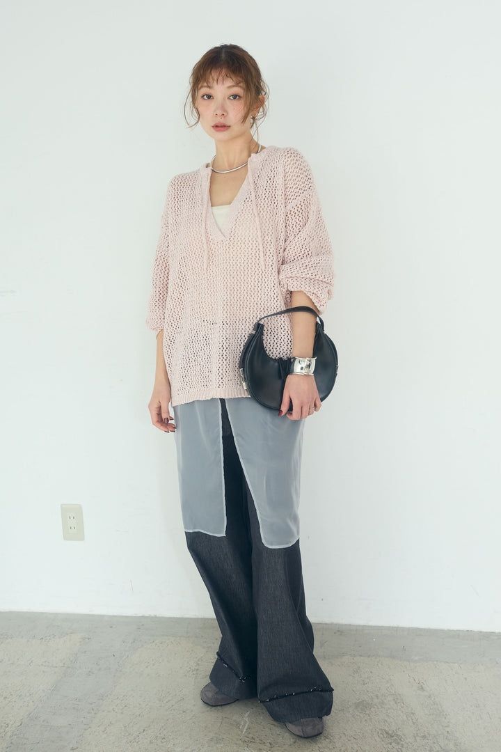 [SET]ミックスメッシュキーネックプルオーバー+シアーチュールレイヤードワイドパンツ(2set)