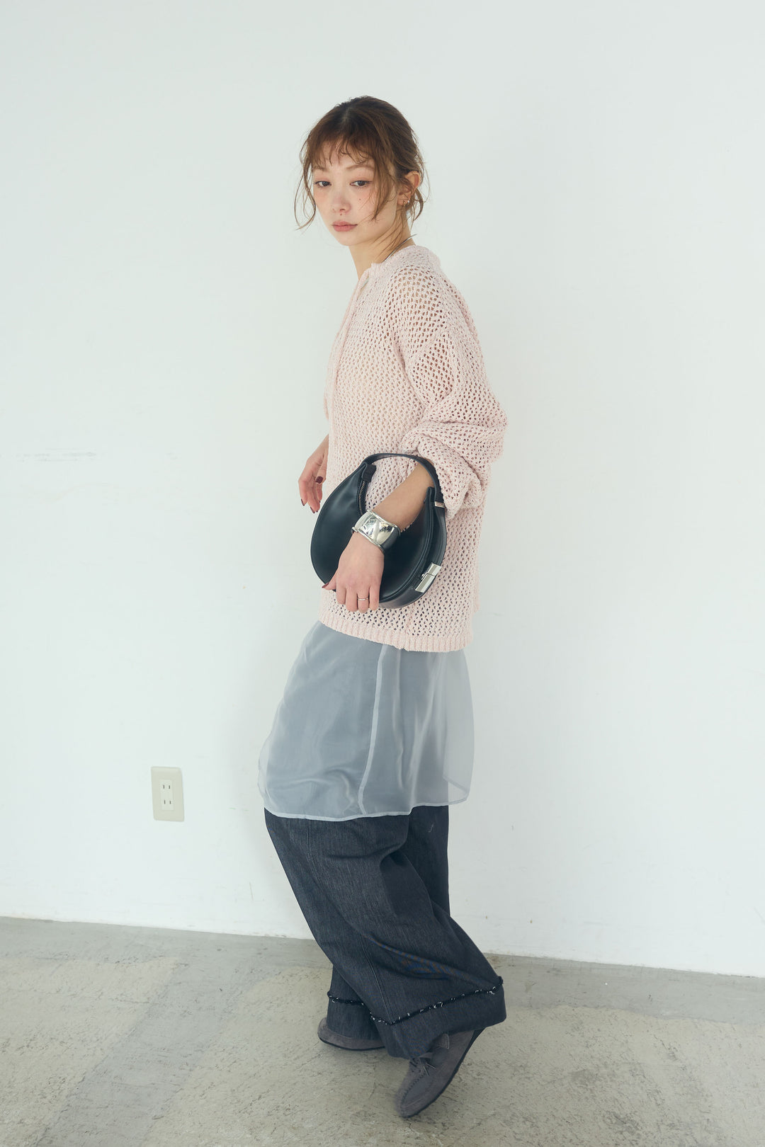 [SET]ミックスメッシュキーネックプルオーバー+シアーチュールレイヤードワイドパンツ(2set)