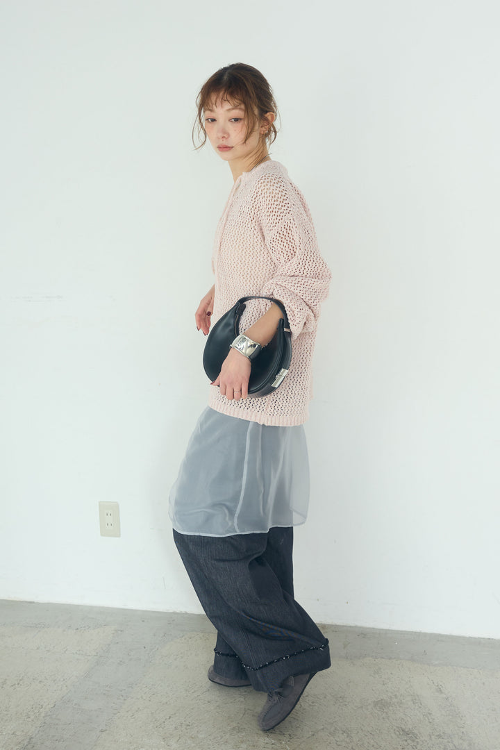 [SET]ミックスメッシュキーネックプルオーバー+シアーチュールレイヤードワイドパンツ(2set)