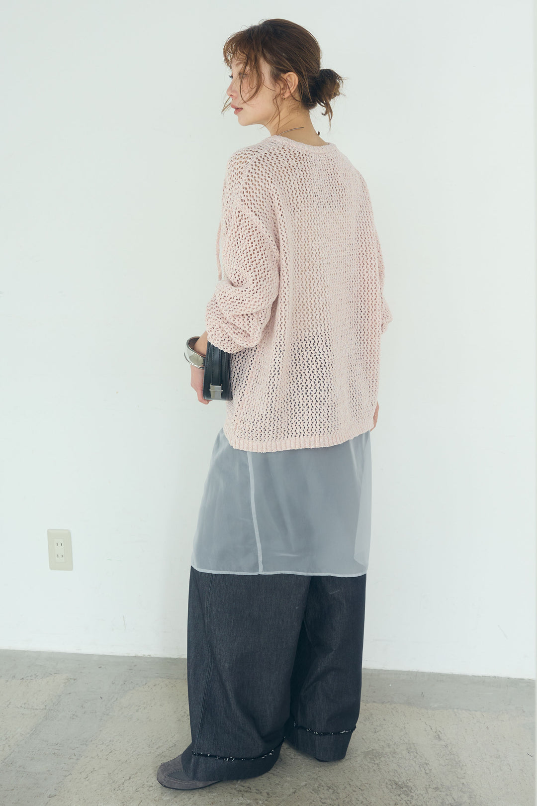 [SET]ミックスメッシュキーネックプルオーバー+シアーチュールレイヤードワイドパンツ(2set)