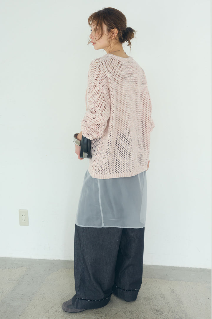 [SET]ミックスメッシュキーネックプルオーバー+シアーチュールレイヤードワイドパンツ(2set)