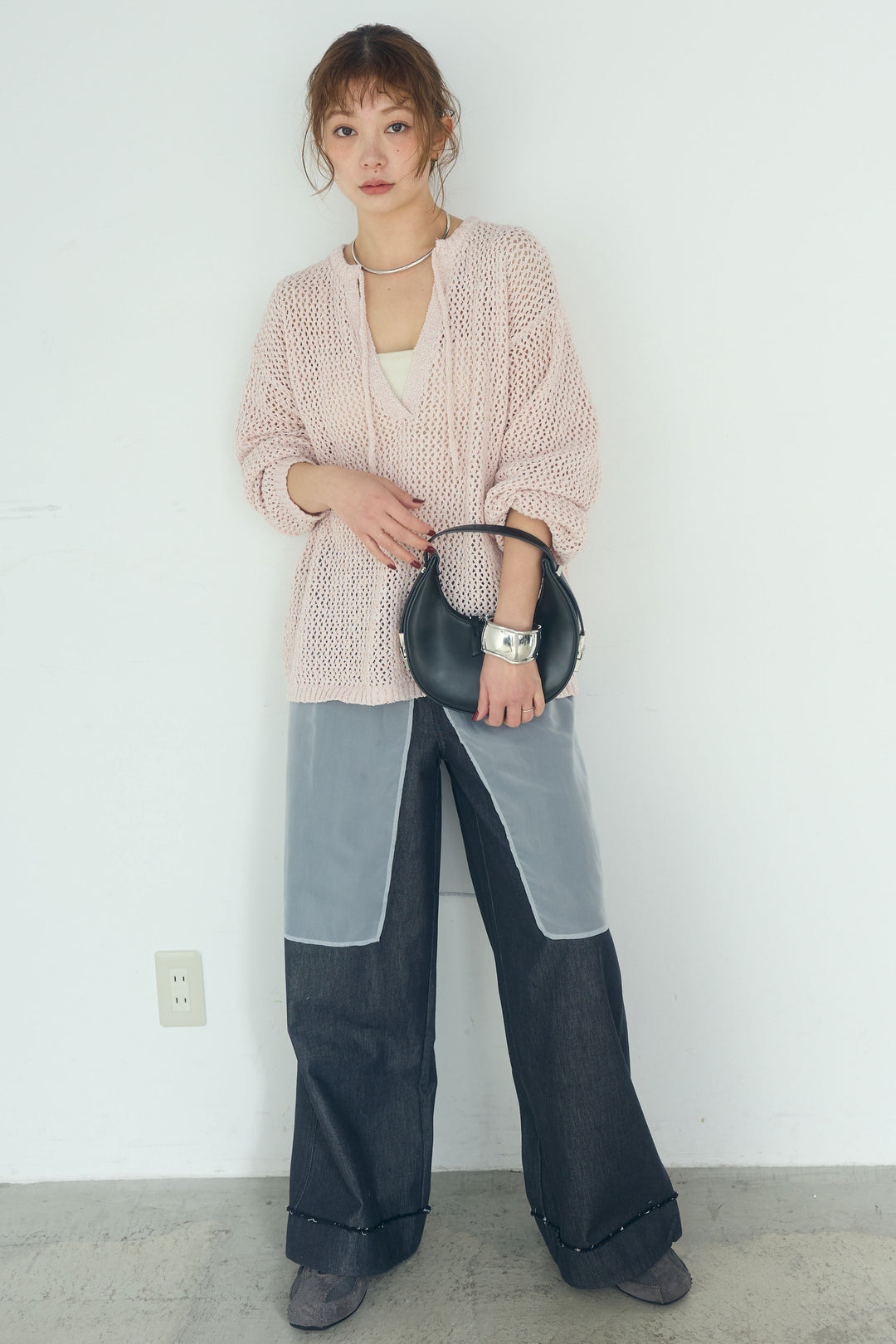 [SET]ミックスメッシュキーネックプルオーバー+シアーチュールレイヤードワイドパンツ(2set)