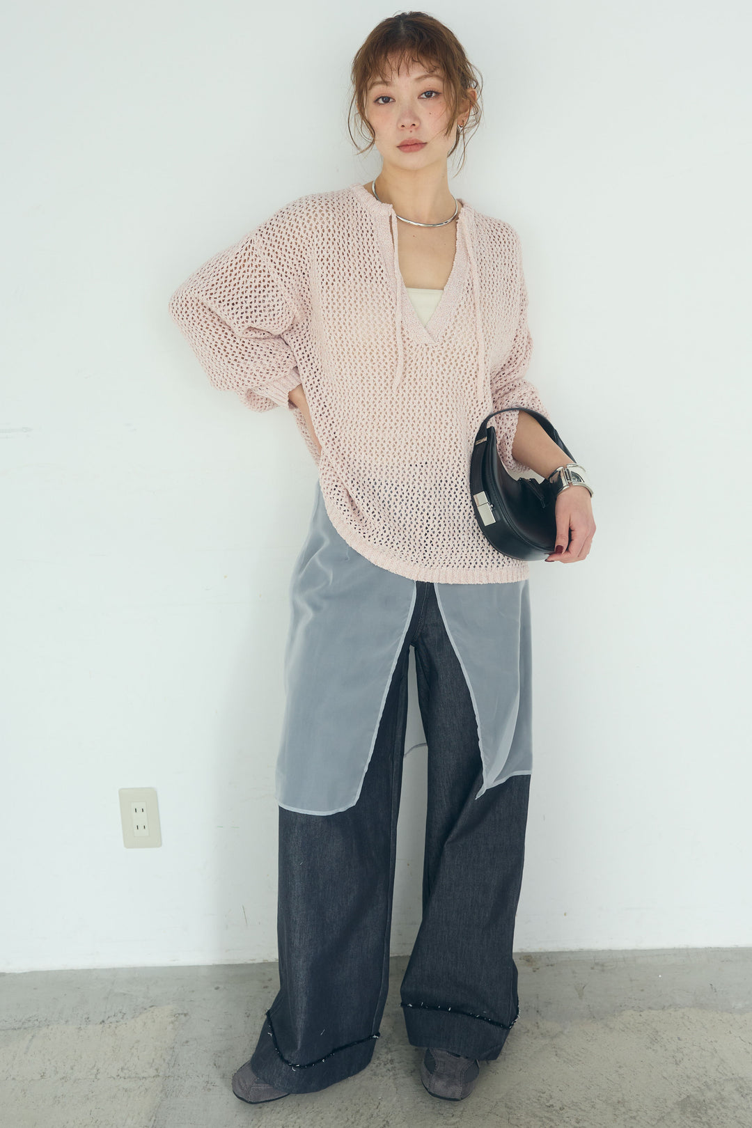 [SET]ミックスメッシュキーネックプルオーバー+シアーチュールレイヤードワイドパンツ(2set)