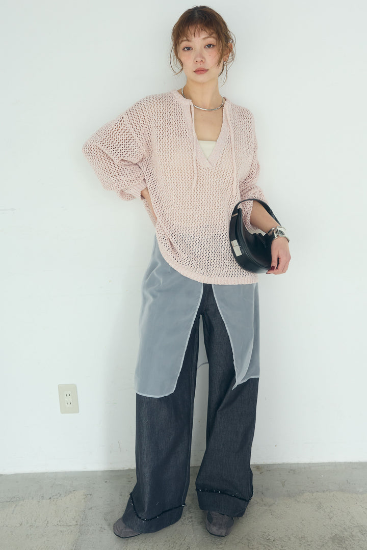 [SET]ミックスメッシュキーネックプルオーバー+シアーチュールレイヤードワイドパンツ(2set)