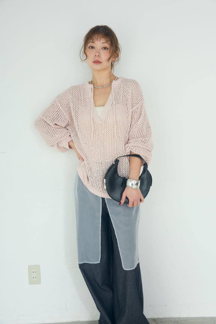 [SET]ミックスメッシュキーネックプルオーバー+シアーチュールレイヤードワイドパンツ(2set)