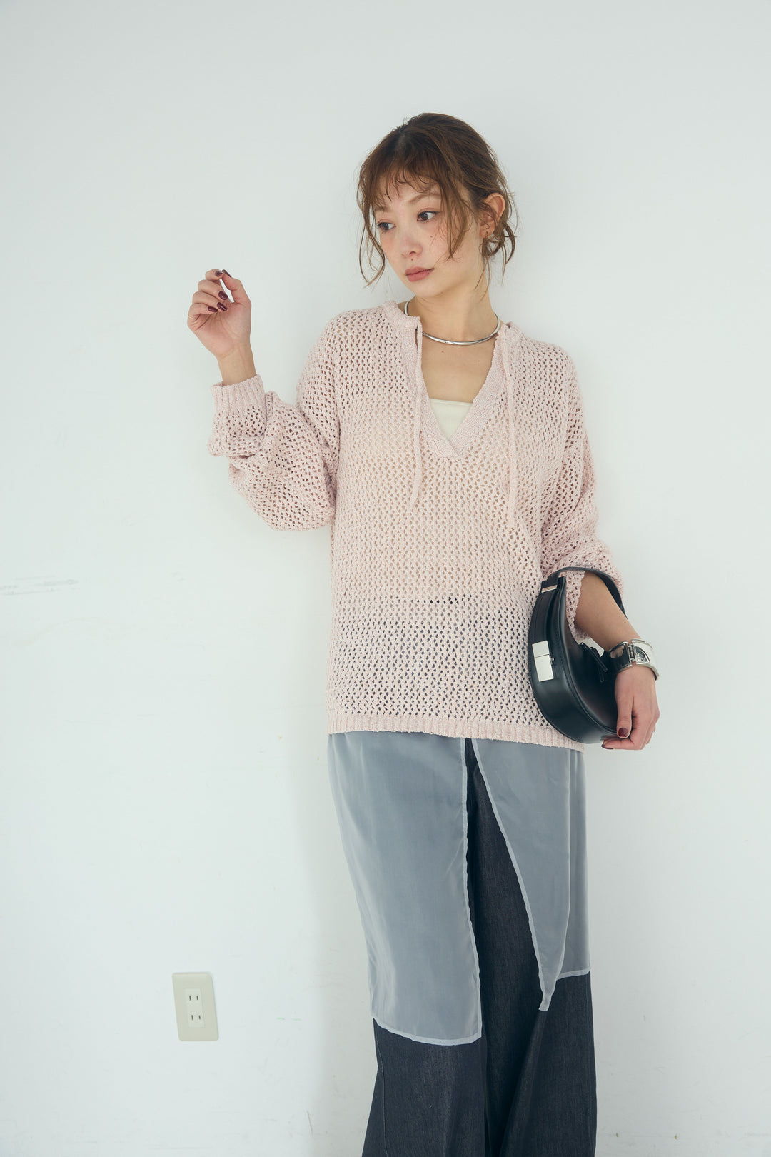 [SET]ミックスメッシュキーネックプルオーバー+シアーチュールレイヤードワイドパンツ(2set)