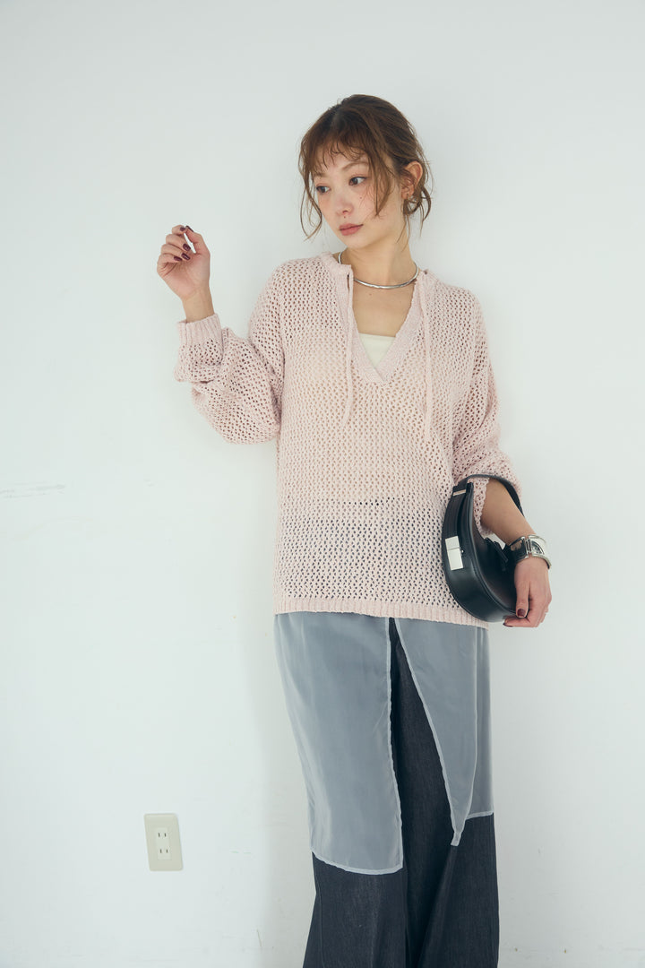 [SET]ミックスメッシュキーネックプルオーバー+シアーチュールレイヤードワイドパンツ(2set)