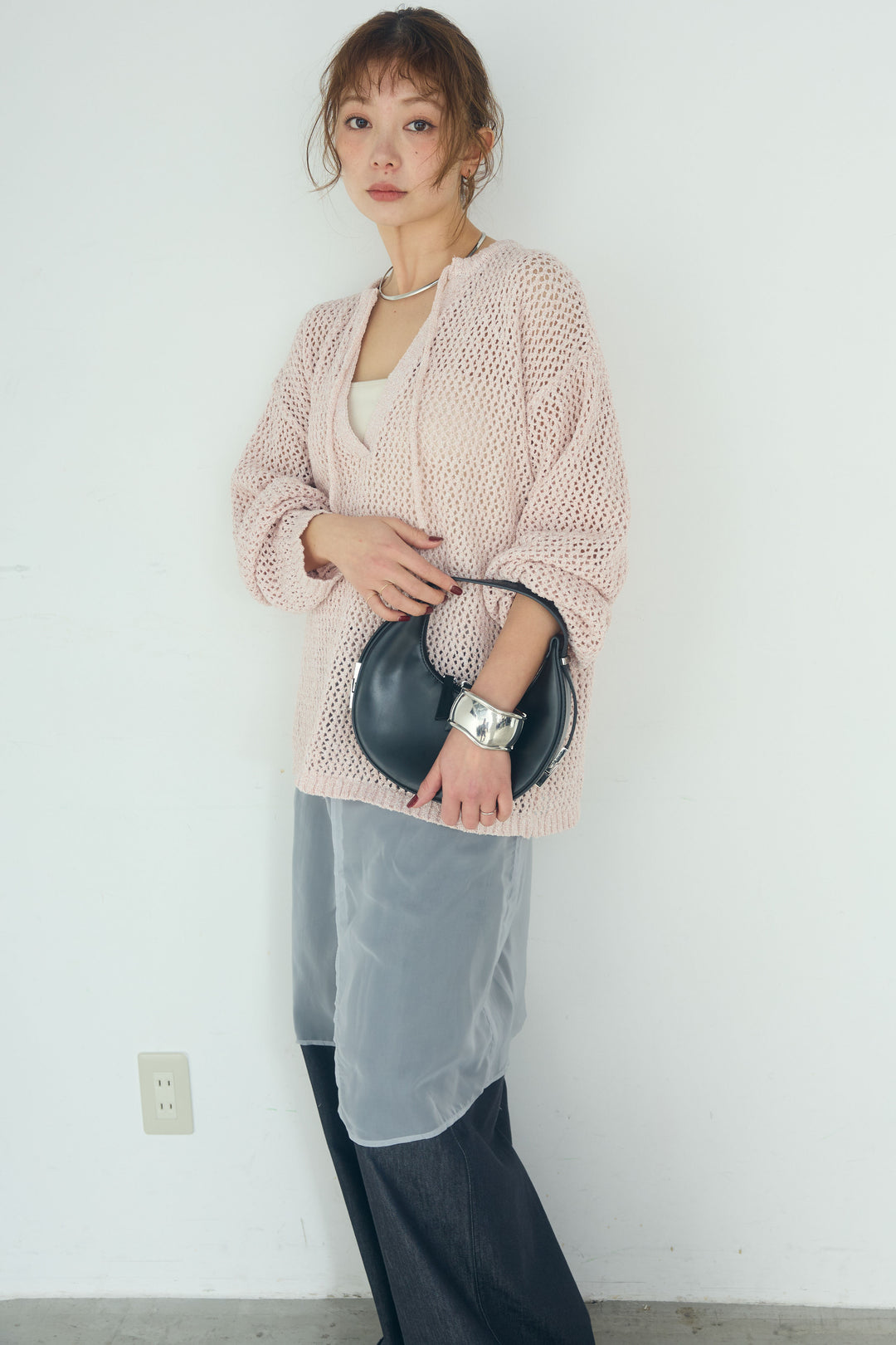 [SET]ミックスメッシュキーネックプルオーバー+シアーチュールレイヤードワイドパンツ(2set)