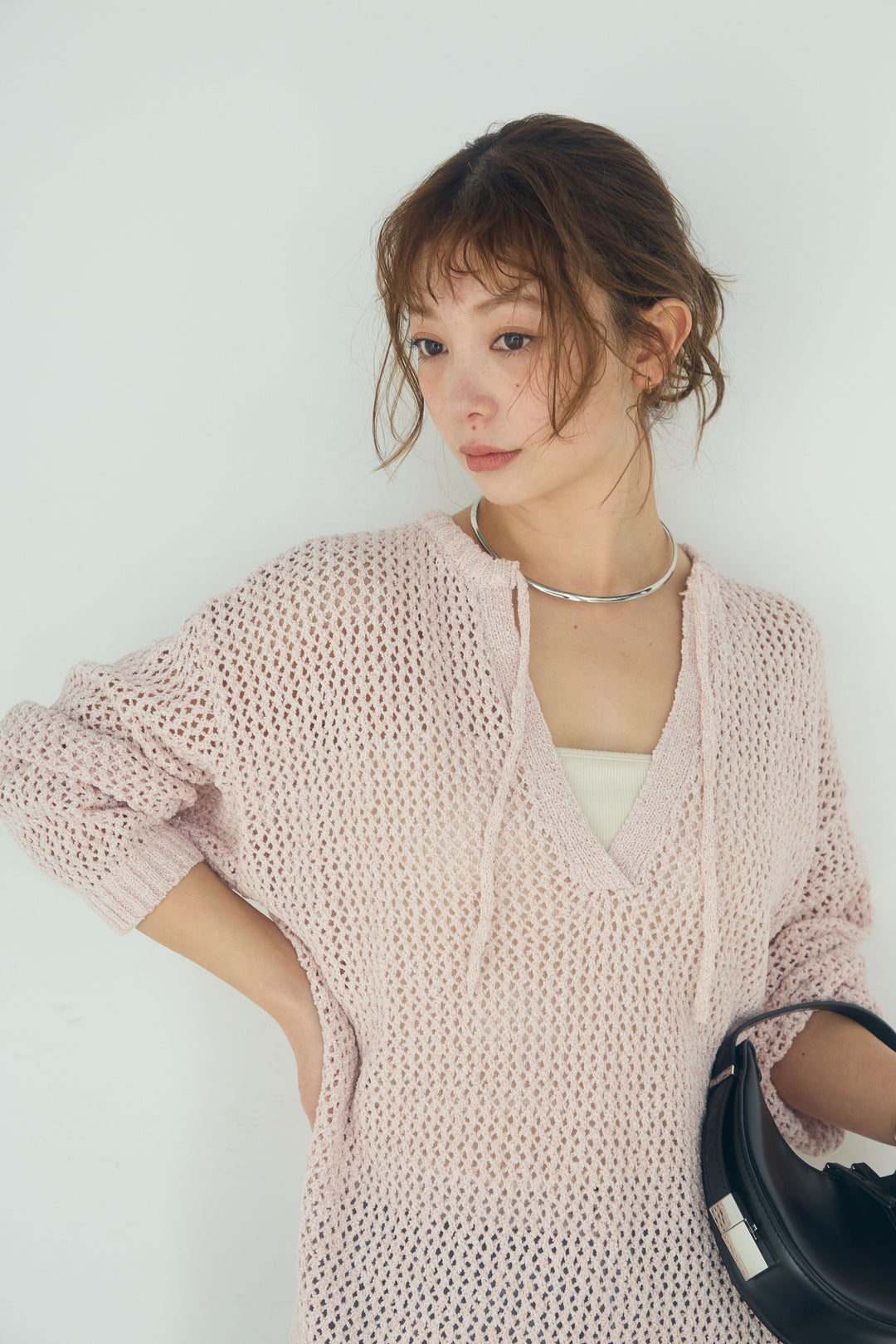 [SET]ミックスメッシュキーネックプルオーバー+シアーチュールレイヤードワイドパンツ(2set)