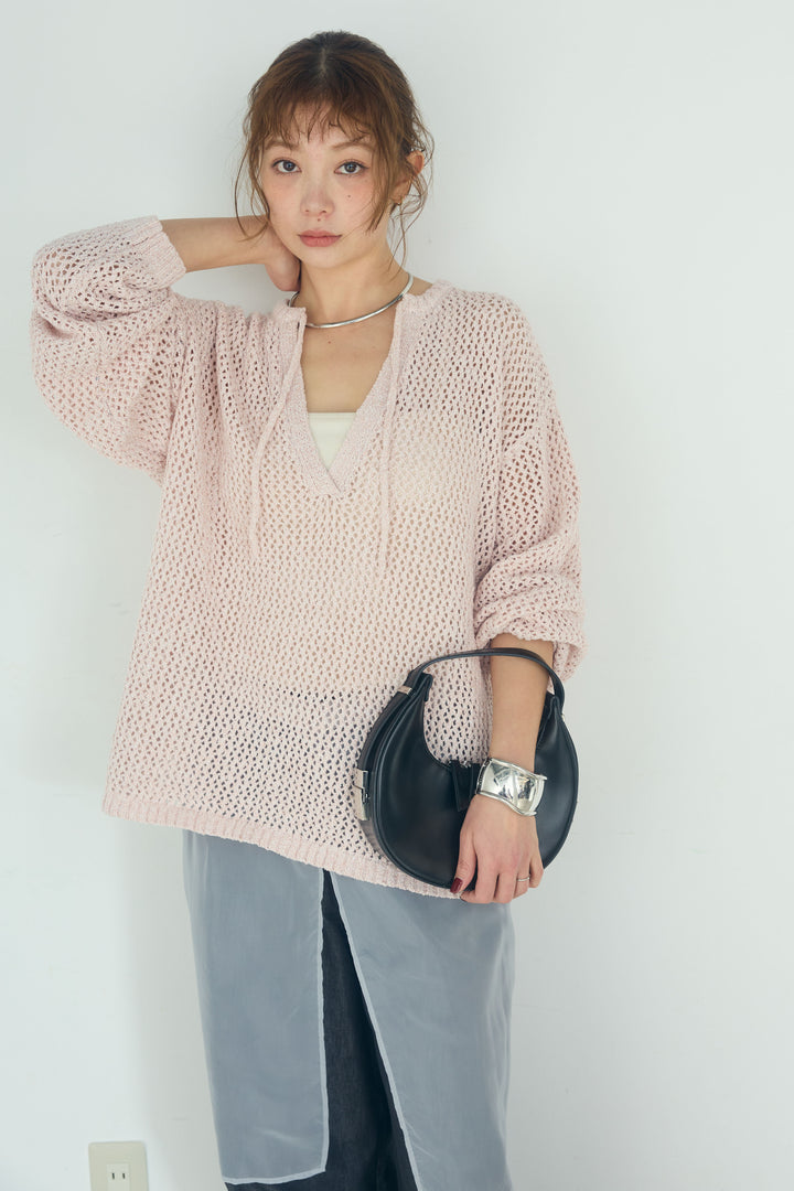 [SET]ミックスメッシュキーネックプルオーバー+シアーチュールレイヤードワイドパンツ(2set)