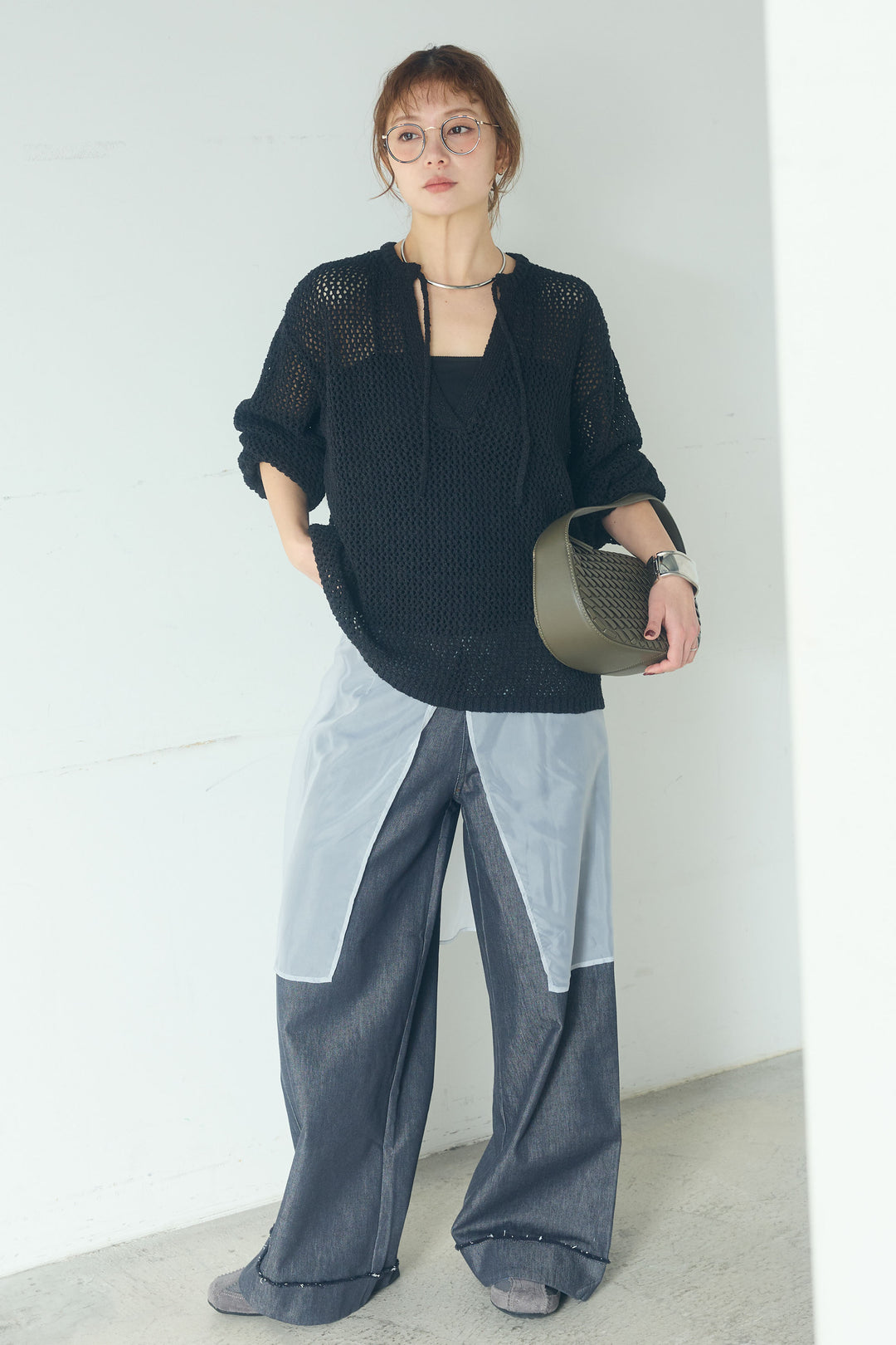 [SET]ミックスメッシュキーネックプルオーバー+シアーチュールレイヤードワイドパンツ(2set)