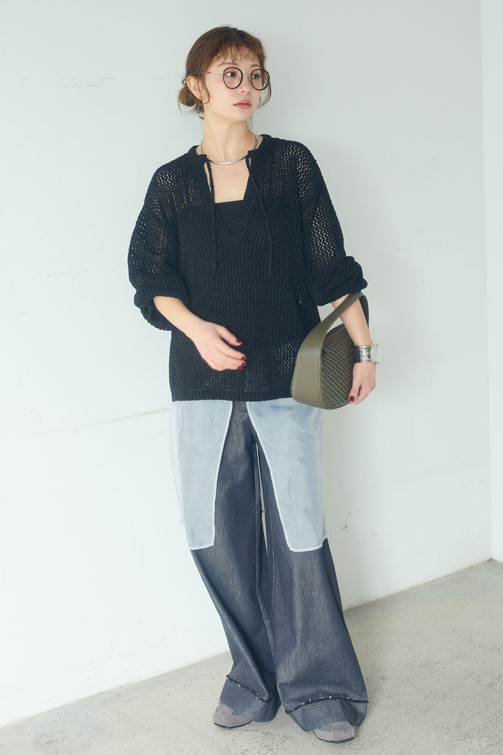 [SET]ミックスメッシュキーネックプルオーバー+シアーチュールレイヤードワイドパンツ(2set)