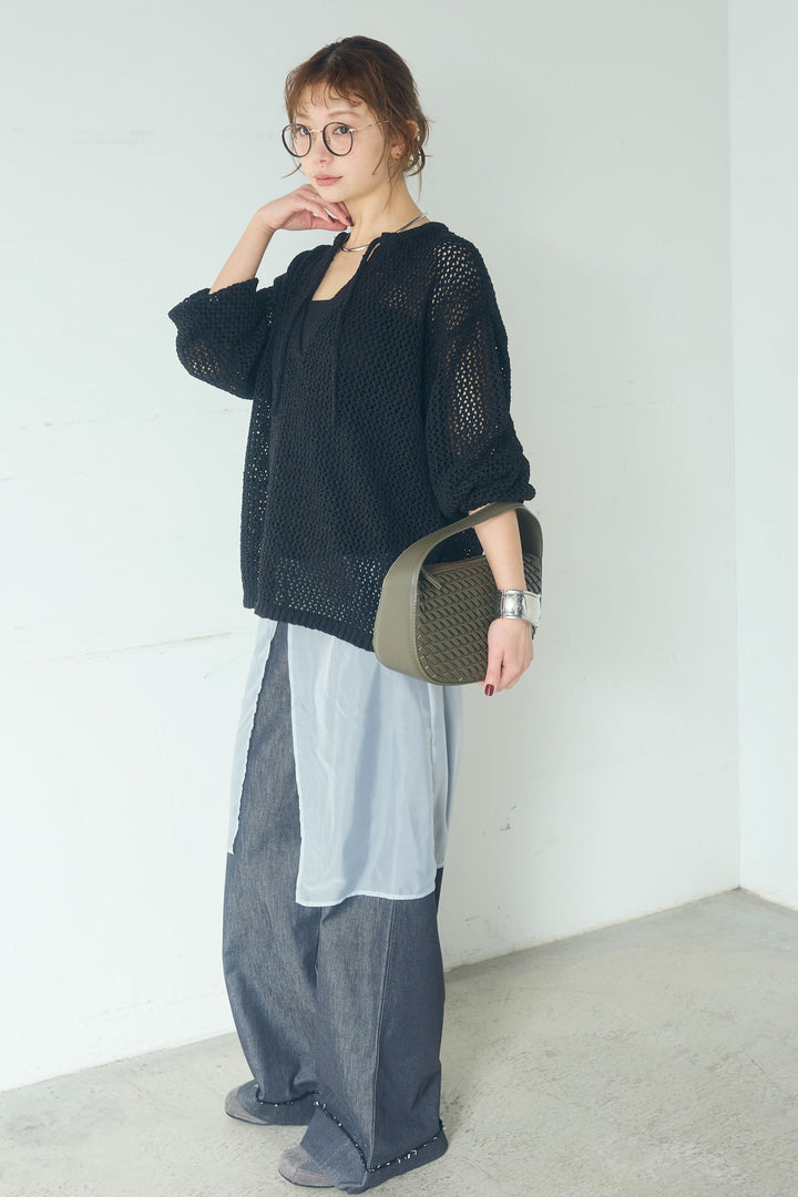 [SET]ミックスメッシュキーネックプルオーバー+シアーチュールレイヤードワイドパンツ(2set)